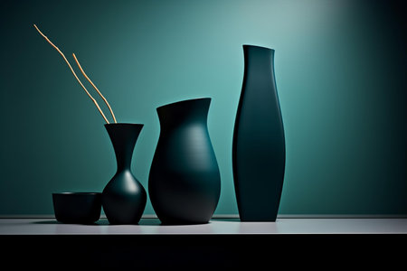 Three vases on a shelf against a blue background. 3d renderingの素材