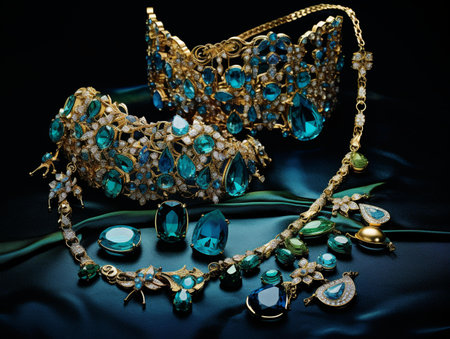 jewelry on a black background with blue and turquoise stonesの素材