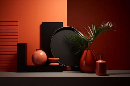 3d render of vase and vase on red wall backgroundの素材