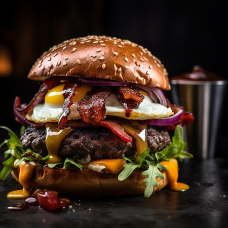 Close up of tasty cheeseburger with bacon and egg on black backgroundの素材
