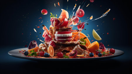 Sliced bacon with fruits and vegetables flying in the air.の素材