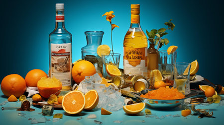 Alcoholic drinks with ice, lemon and orange on blue backgroundの素材