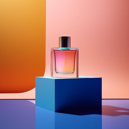 Perfume bottle on blue and orange background. 3d illustrationの素材
