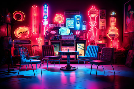 Interior of a nightclub with neon signs. Night life concept.の素材
