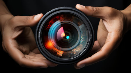 Close up of female hands holding a camera lens on black background.の素材
