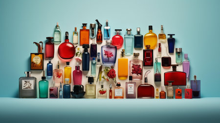 Illustration of a lot of different bottles of perfume on a blue backgroundの素材