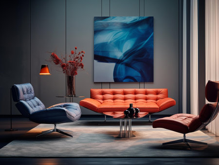 Modern interior of living room with sofa, armchair and poster. 3D renderingの素材