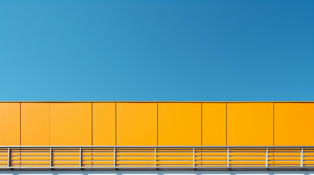 Orange facade of a modern building with a metal railing against a blue skyの素材