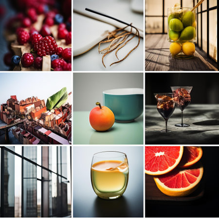 Collage of images of different types of fruits and berries on a dark backgroundの素材