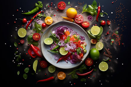 Fresh vegetable salad with tomato, cucumber, onion, pepper, lime, herbs and spices on black backgroundの素材