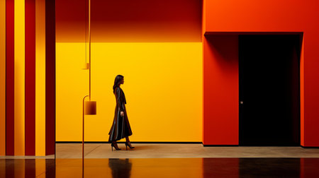 Side view of a young woman in a long black dress standing in front of an orange doorの素材