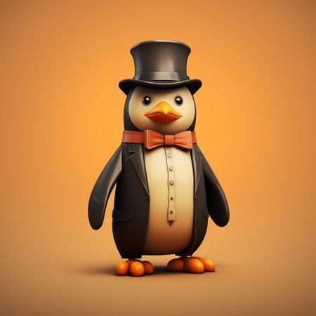 Penguin with top hat and bow tie isolated on orange backgroundの素材