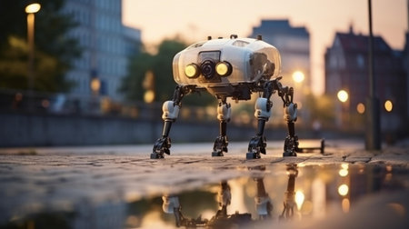 A toy robot stands on the edge of a puddle in the evening.の素材
