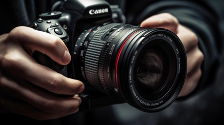 Professional photographer with professional camera on dark background, closeup view.の素材