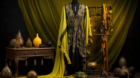 Halloween still life with pumpkins, jack-o-lanterns and witch's hat on dark backgroundの素材