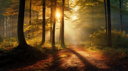 Morning in the forest with fog and sunbeams. Autumn landscapeの素材