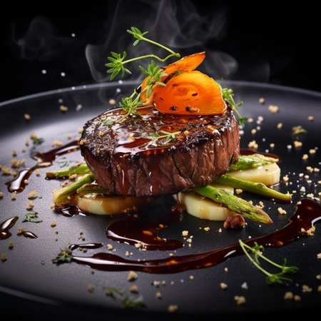 Grilled beef steak with asparagus and carrot on black plateの素材