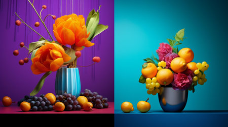 Fruits in vase on blue and purple background. 3d illustrationの素材