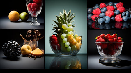Fruits in a glass vase on a dark background. Collage.の素材