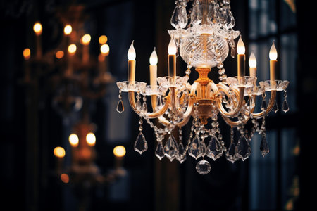 Crystal chandelier with burning candles in the interior of the roomの素材