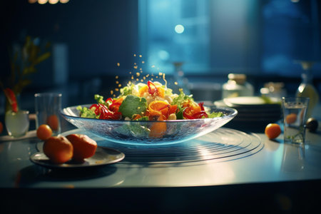 Fresh vegetable salad in a glass bowl on a table in a restaurantの素材
