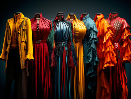 Set of colorful clothes on mannequins. studio shotの素材