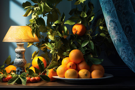 Still life with oranges, lemons, grapefruits and table lampの素材