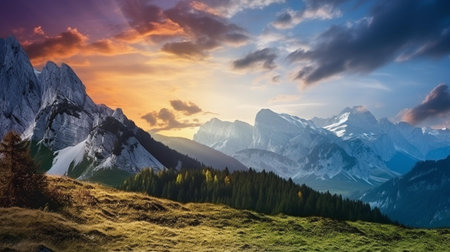 Panoramic view of the Dolomites mountains at sunset.の素材