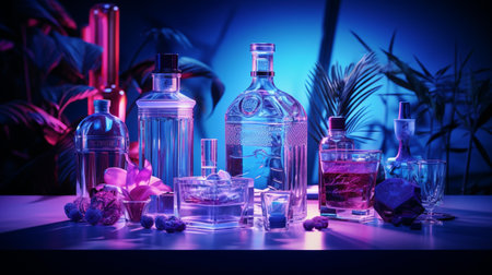 Bottles and glasses with different alcoholic drinks on table in dark roomの素材