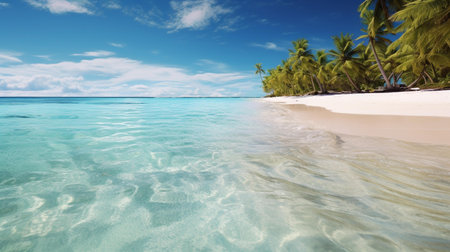 Panoramic view of sandy beach with palm trees and blue skyの素材