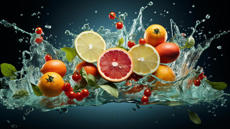 Water splash with citrus fruits and berries on black background, close upの素材
