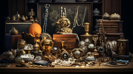 Vintage still life with antique items. Jewelry and luxury concept.の素材