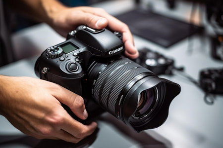 Professional photographer working with a digital SLR camera in his studio.の素材