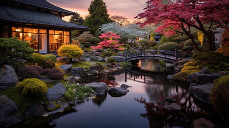 Japanese garden with cherry blossoms and pond in the evening, Japanの素材