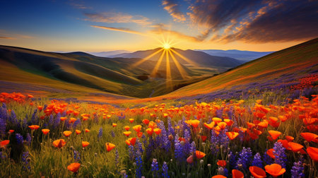 Beautiful sunset in the mountains with poppies and wildflowersの素材