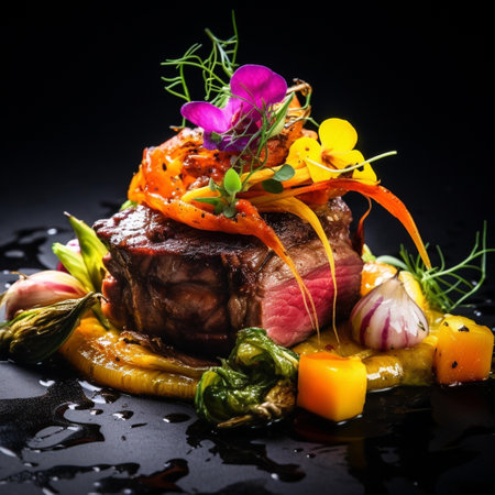 Tenderloin steak with vegetables and herbs on a black backgroundの素材