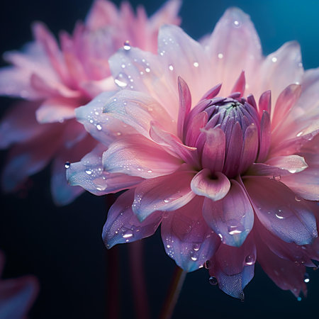 Beautiful pink dahlia flower with water drops on petalsの素材