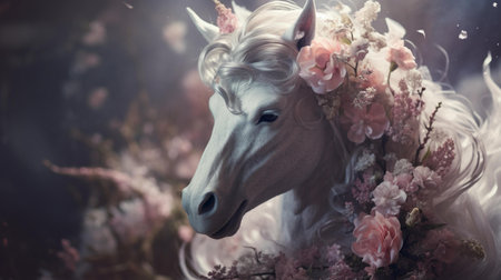 Beautiful white unicorn with pink flowers in her mane. Vintage style.の素材