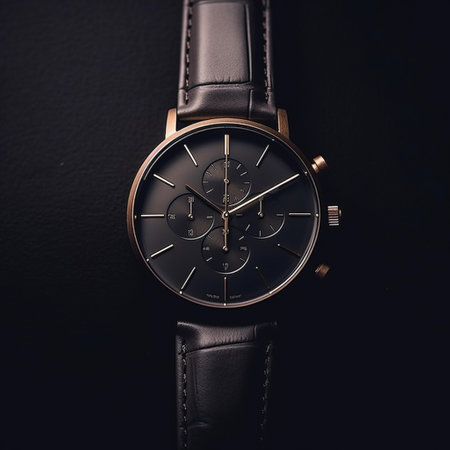 Wrist watch on black background. Luxury men watch closeup.の素材