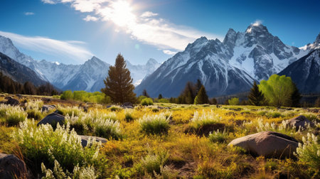 Beautiful alpine meadow at sunset in the Himalayasの素材