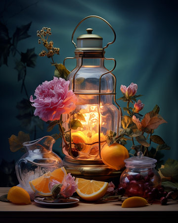 Still life with vintage oil lamp, flowers and fruits on wooden tableの素材