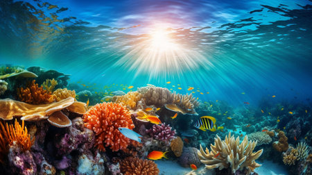 Underwater view of a tropical coral reef with fish and sunlight.