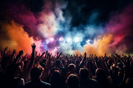 Crowd cheering at a music festival in front of a bright stageの素材