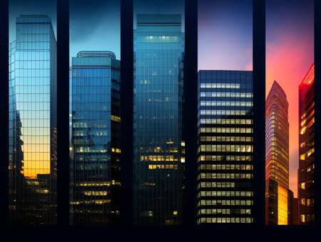 Business background with skyscrapers at sunset. Collage. Vector illustration.の素材