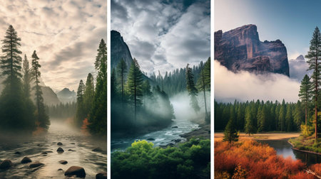 Panoramic collage of pictures of Yosemite National Park, California, USAの素材