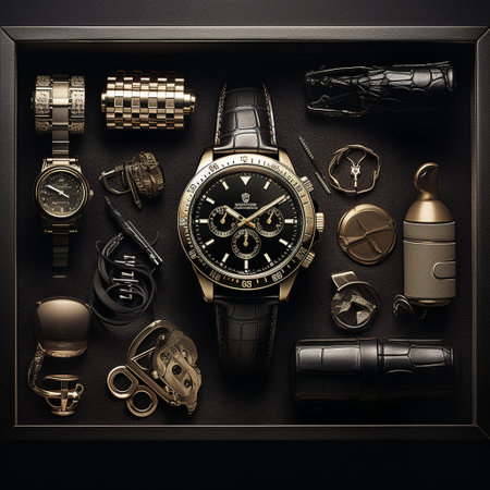 Wristwatch and accessories in jewelry box on black background, top viewの素材