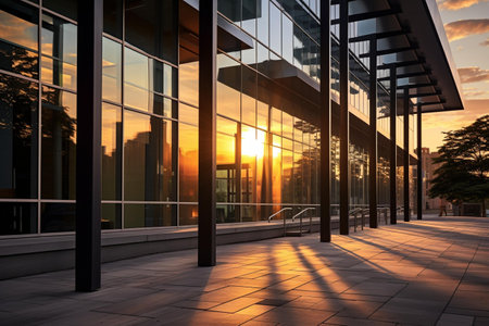 Modern office building with glass and sunlight at sunset. Perspective view.の素材
