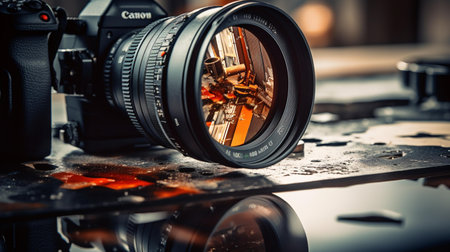 Close up of a professional SLR camera on a table in a workshopの素材
