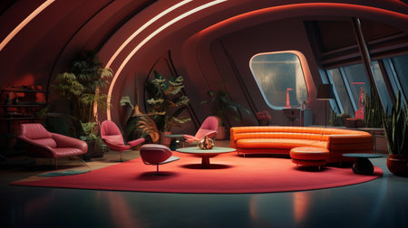 Interior of a modern living room with orange armchairs and sofaの素材