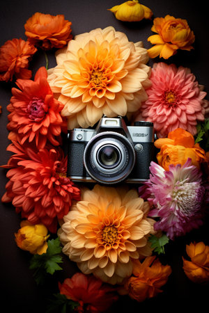 Flower wreath with vintage camera and flowers on a black backgroundの素材